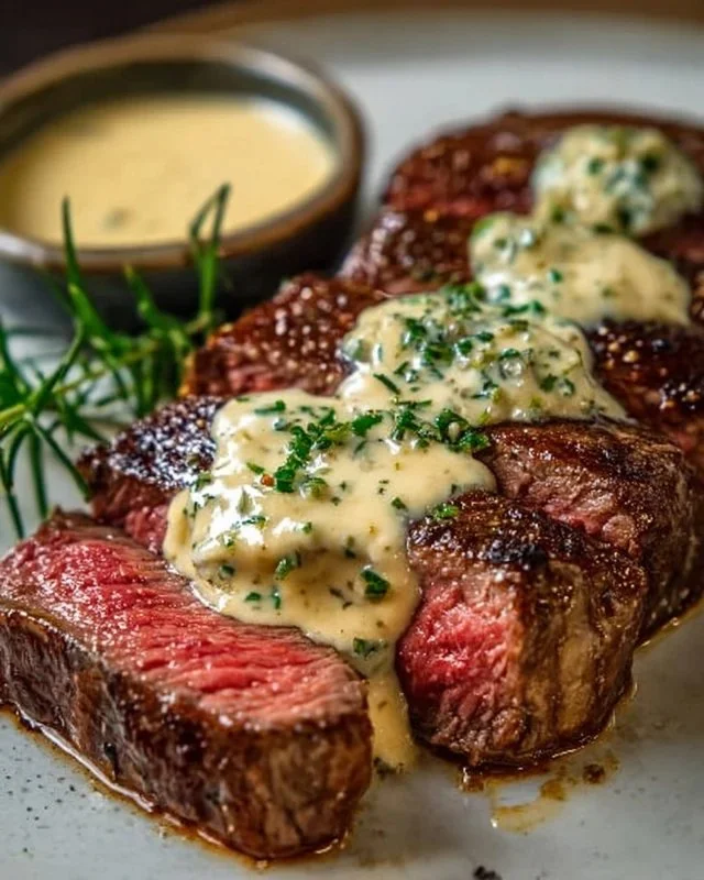 Delicious creamy garlic steak served on a plate with herbs and spices.