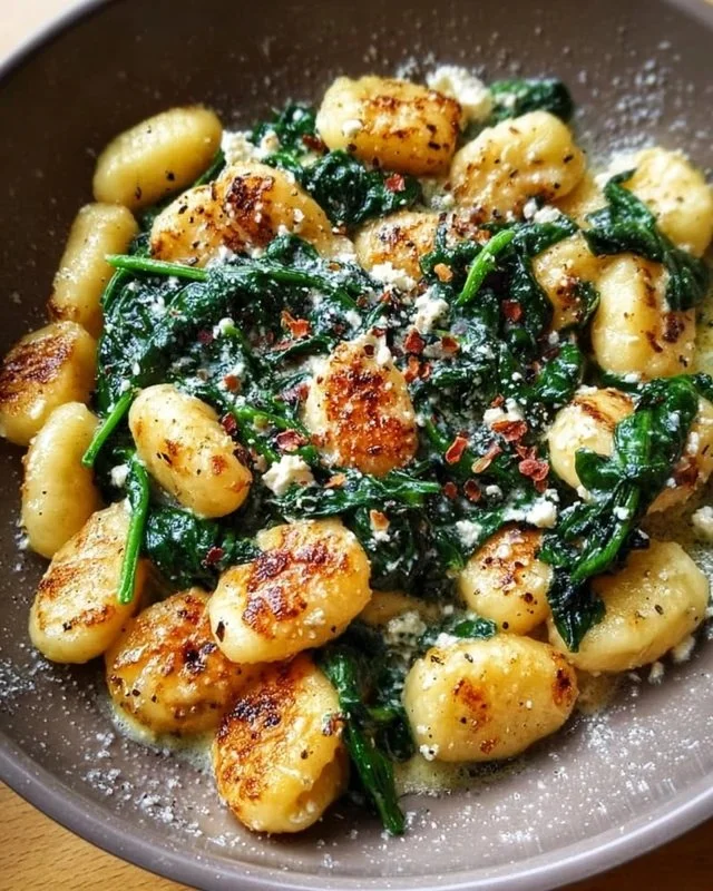 Creamy gnocchi with spinach and feta served on a white plate.