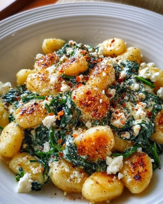 Creamy gnocchi dish with spinach and feta cheese on a plate