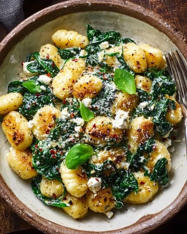 A delicious plate of creamy gnocchi with fresh spinach and feta cheese