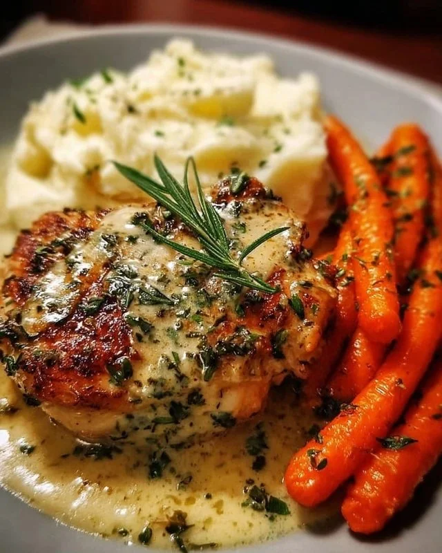 Creamy herb chicken with mashed potatoes and honey glazed carrots on a plate