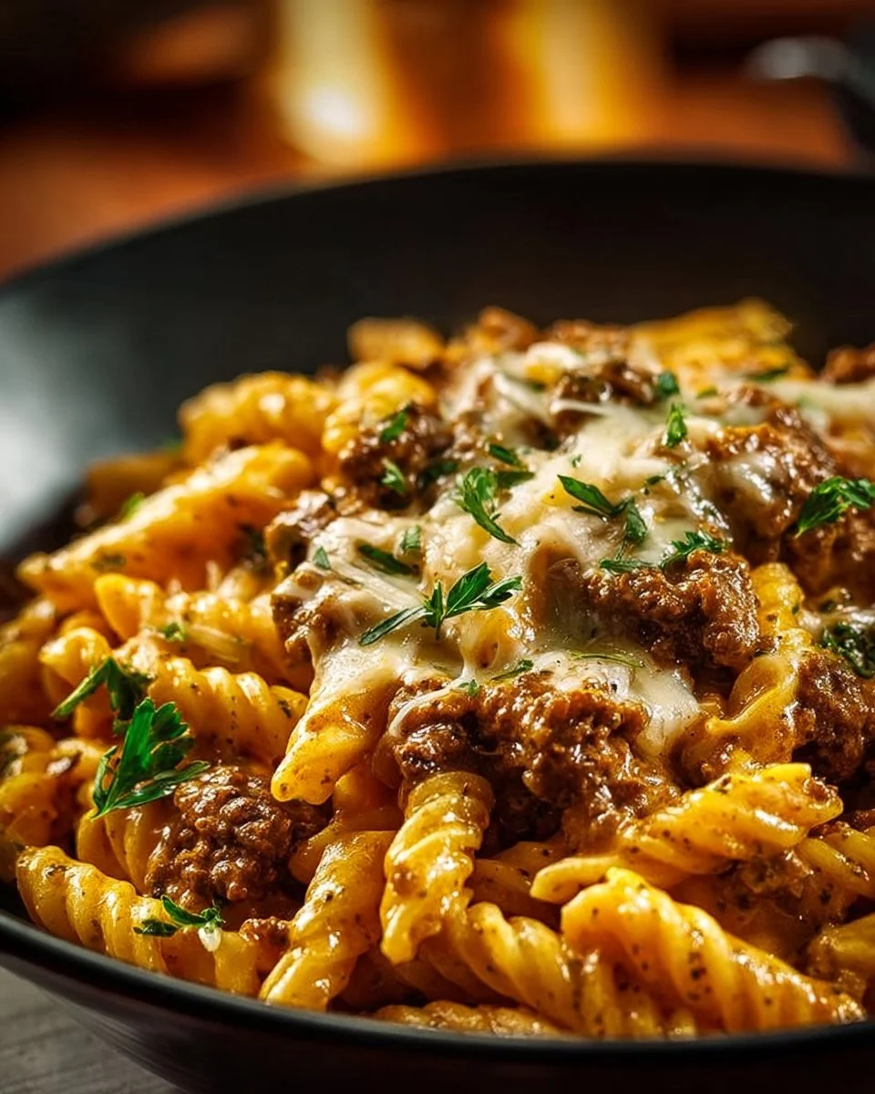 Creamy high protein beef pasta dish garnished with herbs and cheese
