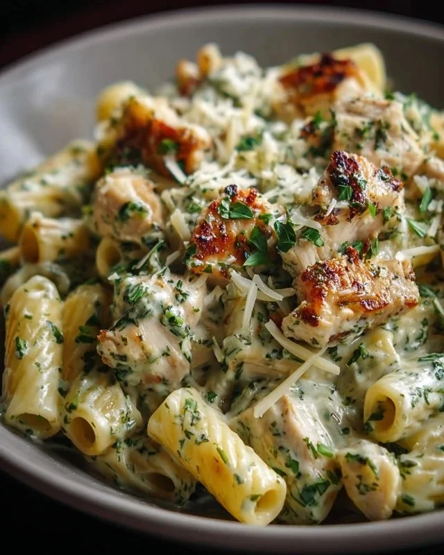 Creamy pesto chicken pasta served with fresh basil and parmesan cheese