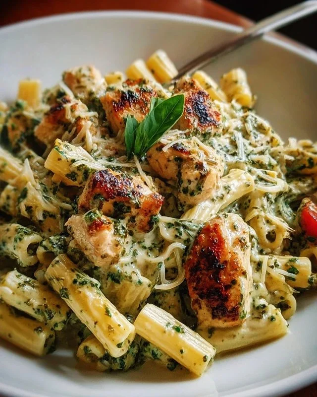 Creamy pesto chicken pasta with vibrant colors and ingredients