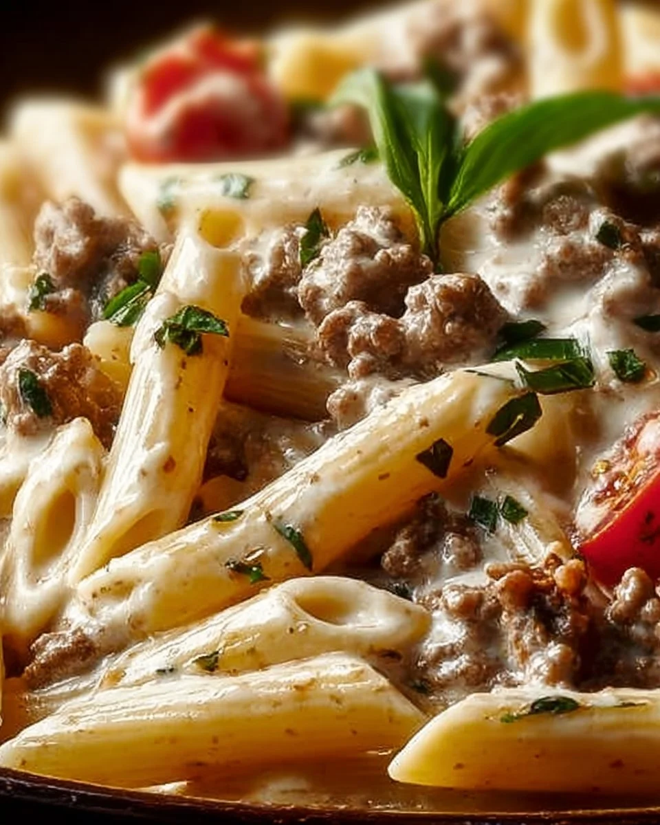 Creamy Rotel pasta dish with ground beef, perfect for quick weeknight meals