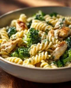 Creamy rotisserie chicken broccoli pasta dish served in a bowl