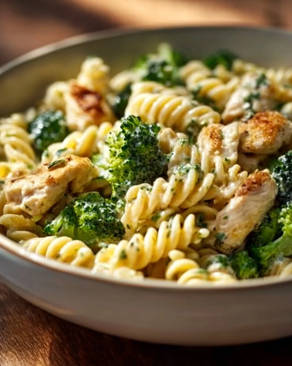 Creamy rotisserie chicken broccoli pasta dish served in a bowl