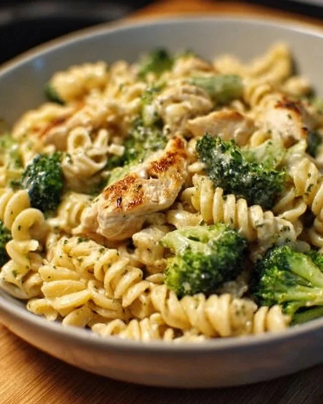 Creamy rotisserie chicken broccoli pasta dish served with Parmesan cheese