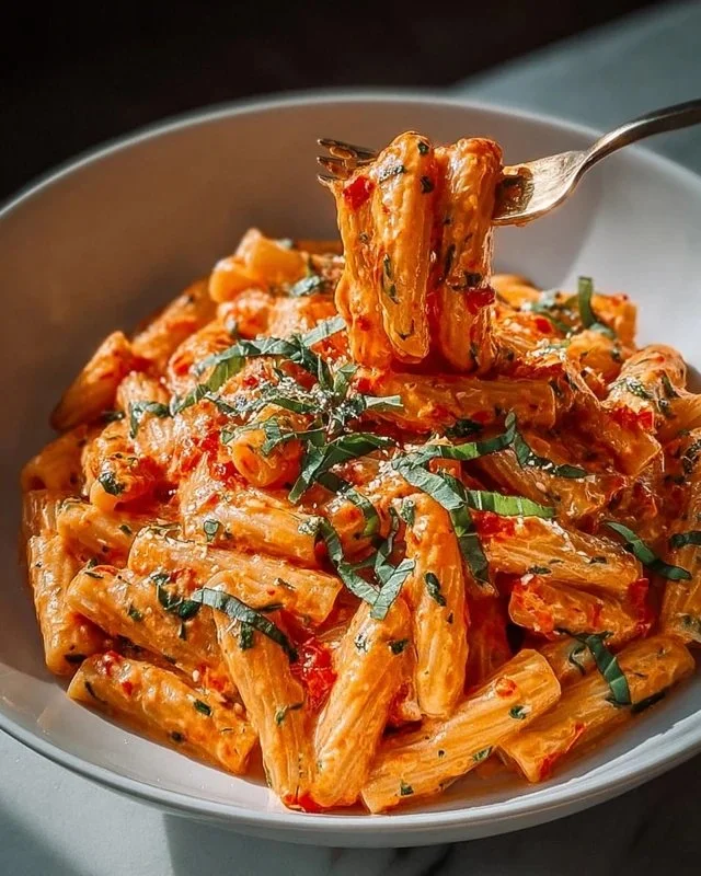 Creamy tomato garlic pasta topped with fresh basil and parmesan cheese.
