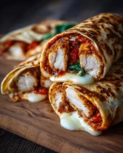 Crispy air fryer chicken and mozzarella wraps plated on a rustic table