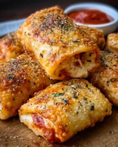 Crispy air fryer pizza rolls served with marinara sauce.