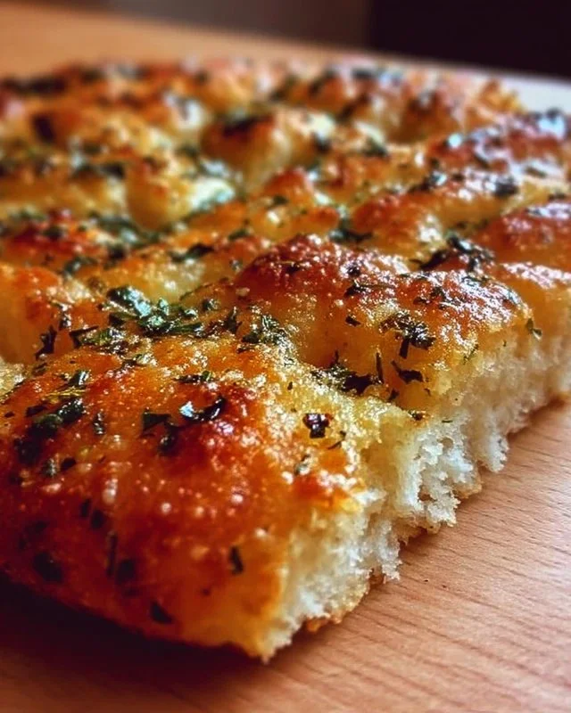 Crispy cheesy focaccia bread topped with melted cheese and herbs.