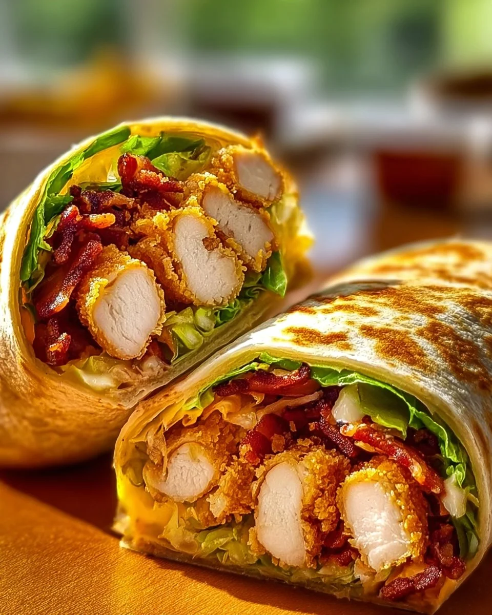 Crispy chicken bacon wraps served on a plate with fresh ingredients