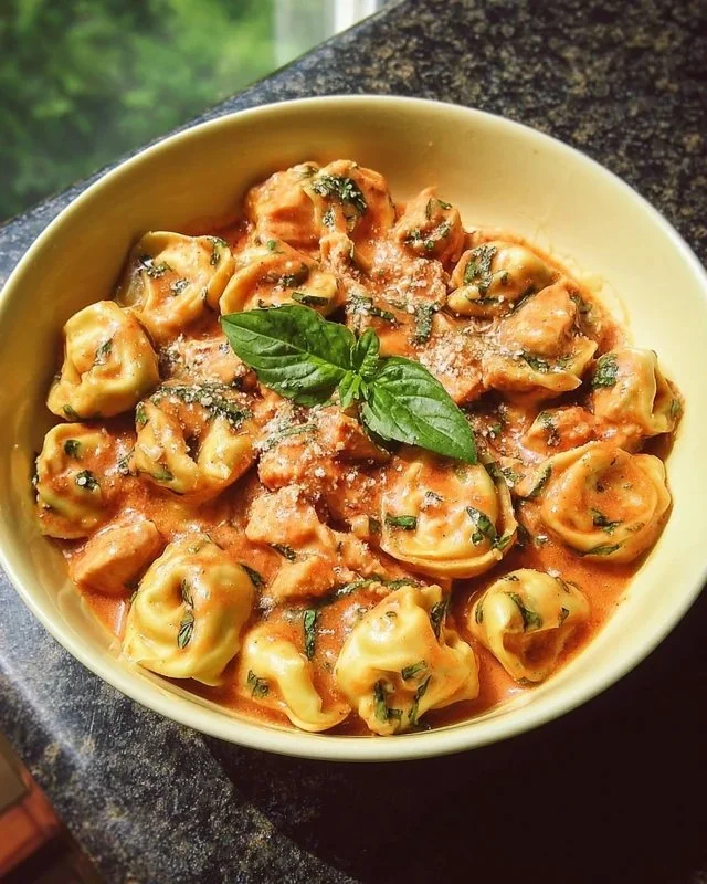 Delicious CrockPot Chicken Tortellini ready to serve in a bowl