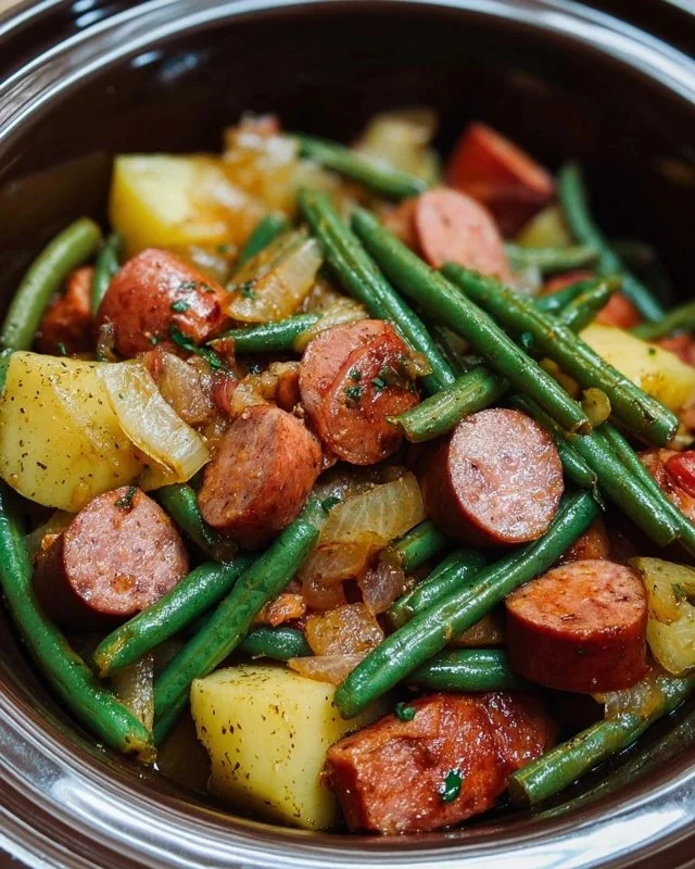 Crockpot Kielbasa and Green Beans served in a rustic bowl