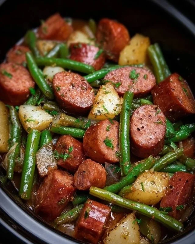 Crockpot Kielbasa and Green Beans served in a bowl