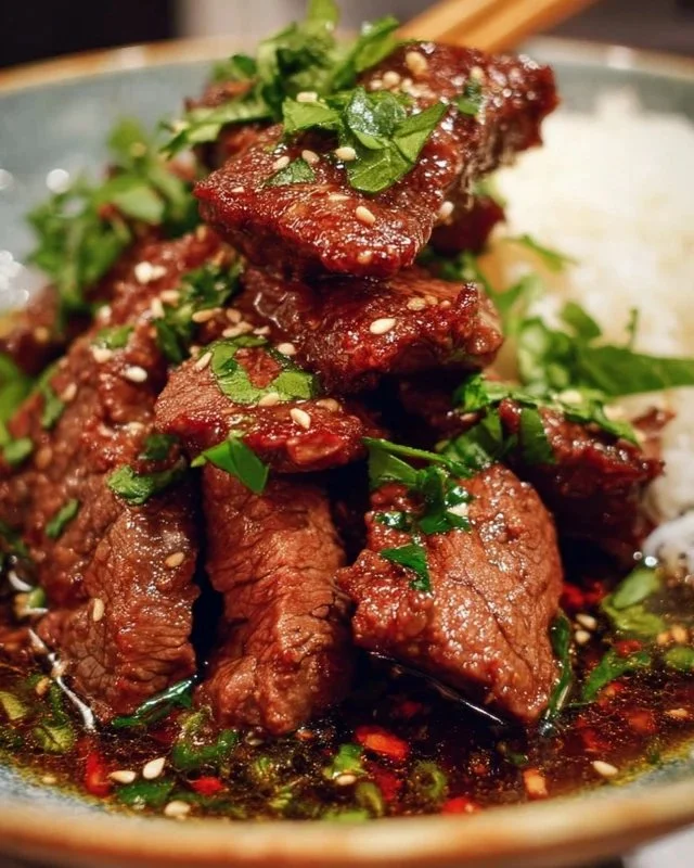 Plated Crying Tiger Beef with fresh herbs and spicy dipping sauce