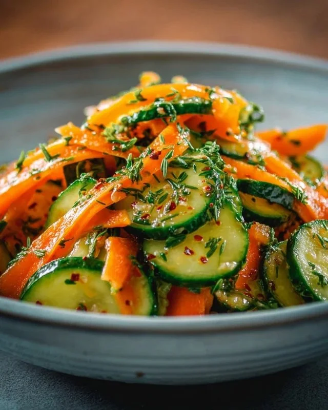 Cucumber carrot salad with fresh vegetables for a crunchy, healthy dish.