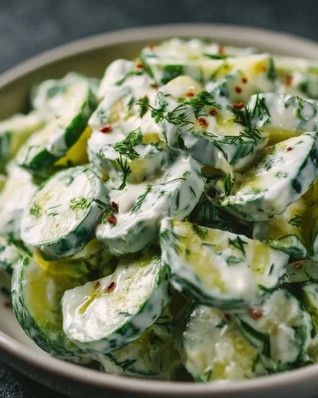 Bowl of Cucumber Ranch Crack Salad topped with fresh herbs and ranch dressing.