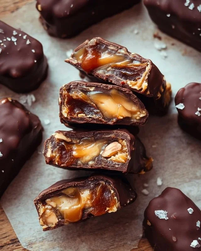 Homemade Date Snickers bars featuring dates, nuts, and chocolate.