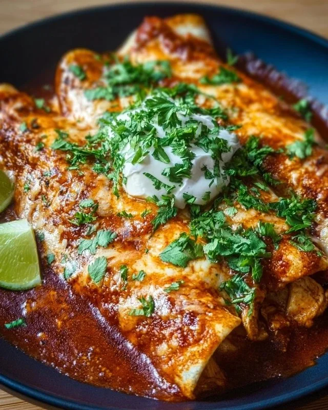 A plate of delicious chicken enchiladas topped with cheese and fresh cilantro