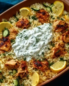 Delicious dump and bake chicken tzatziki rice served in a bowl