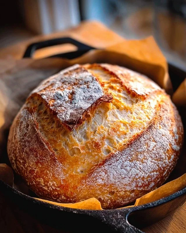 Freshly baked Dutch Oven no knead crusty bread with golden crust