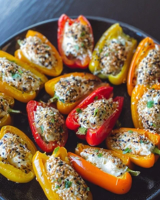 Easy cheese stuffed peppers with everything bagel seasoning on a plate