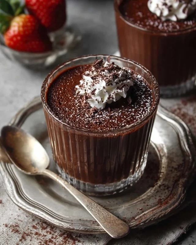 Delicious easy chocolate pudding in a glass bowl with a spoon.