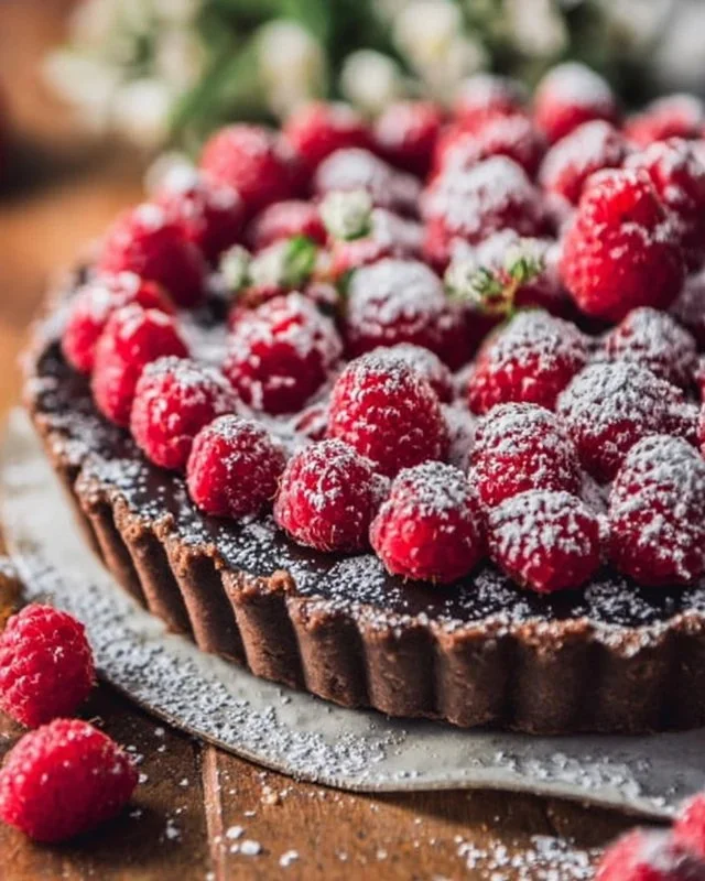 Delicious easy chocolate raspberry tart topped with fresh raspberries