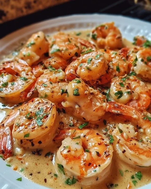 Plate of easy creamy garlic shrimp garnished with herbs