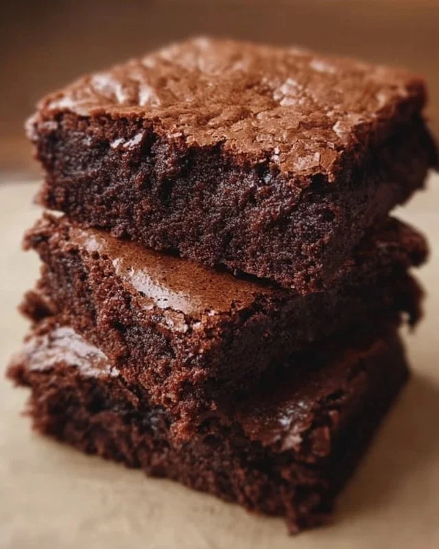 Delicious easy homemade brownies on a plate with chocolate drizzle