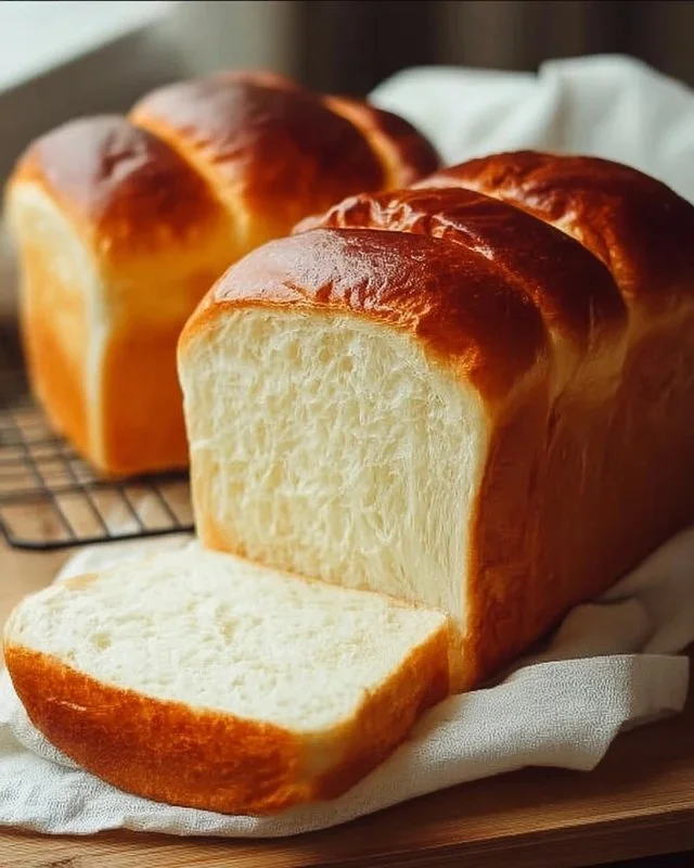 Freshly baked easy milk bread loaf on a wooden cutting board