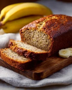 Slice of easy moist banana bread with ripe bananas and nuts