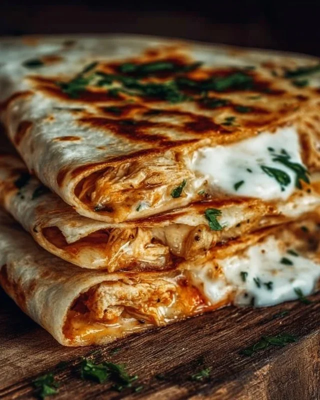 Delicious family favorite chicken quesadilla with melted cheese and vegetables