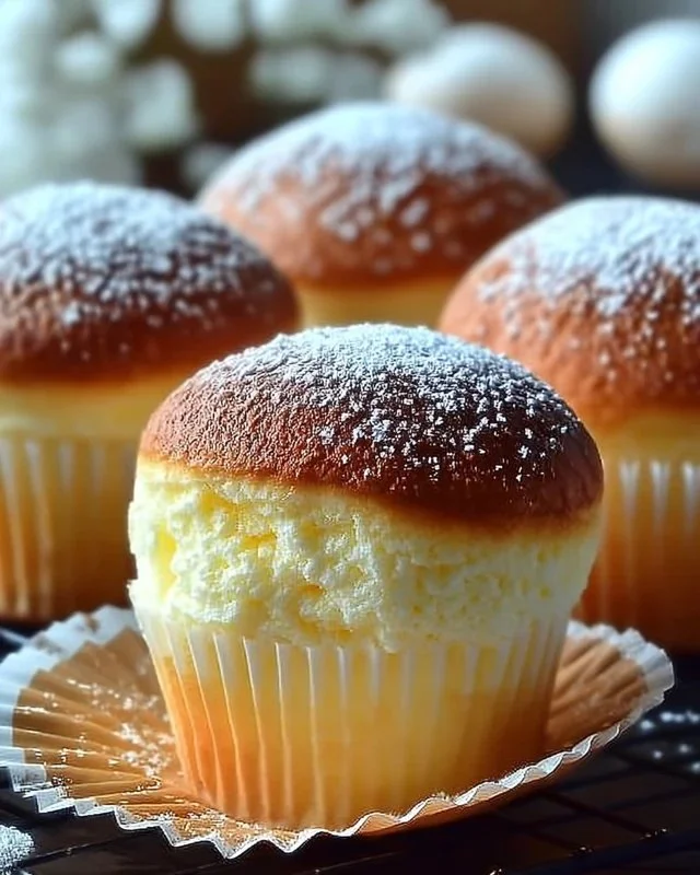 Fluffy Japanese Cotton Cheesecake Cupcakes served on a plate