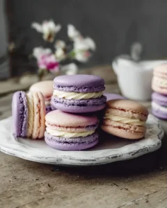 Colorful French macarons arranged on a plate
