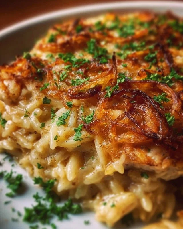 Delicious French onion chicken orzo casserole served in a baking dish