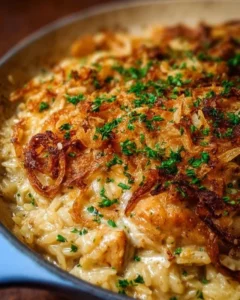 Delicious French Onion Chicken Orzo Casserole dish ready to be served