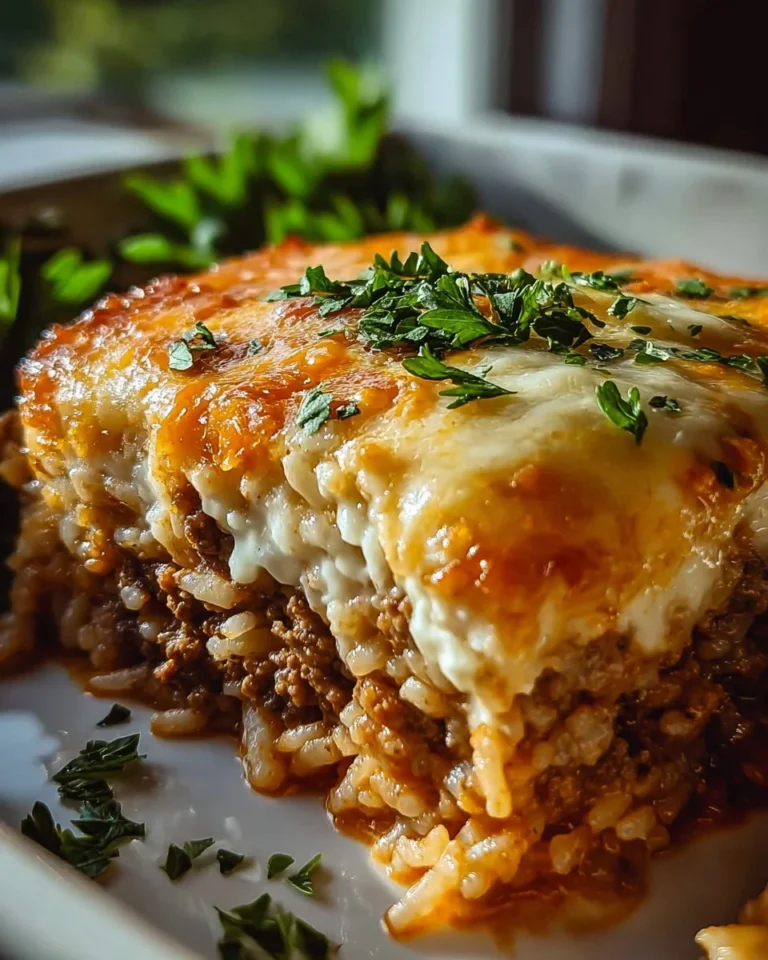 French onion casserole with ground beef and rice served in a dish