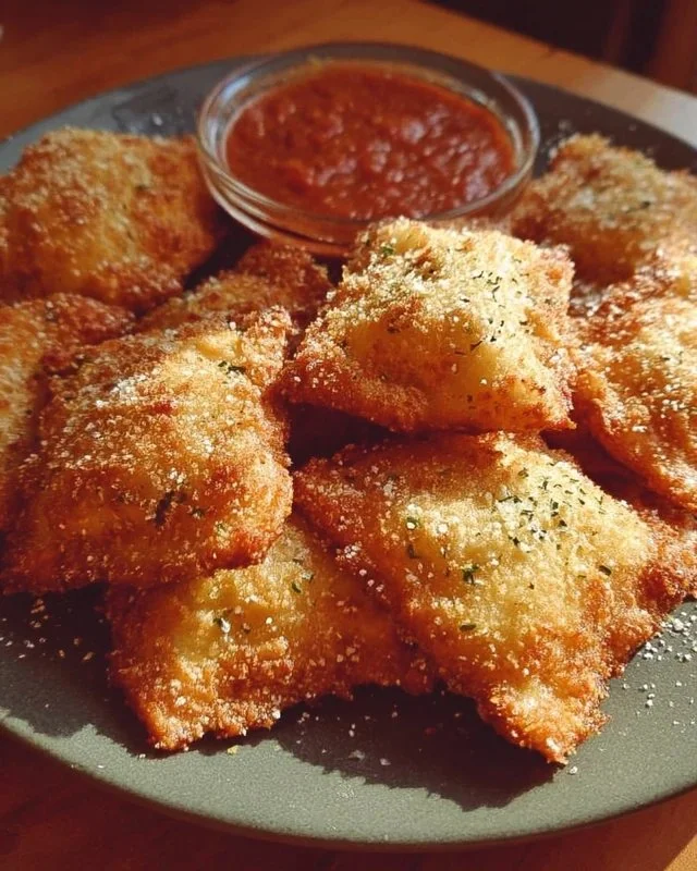 Golden crispy fried ravioli served with marinara sauce.