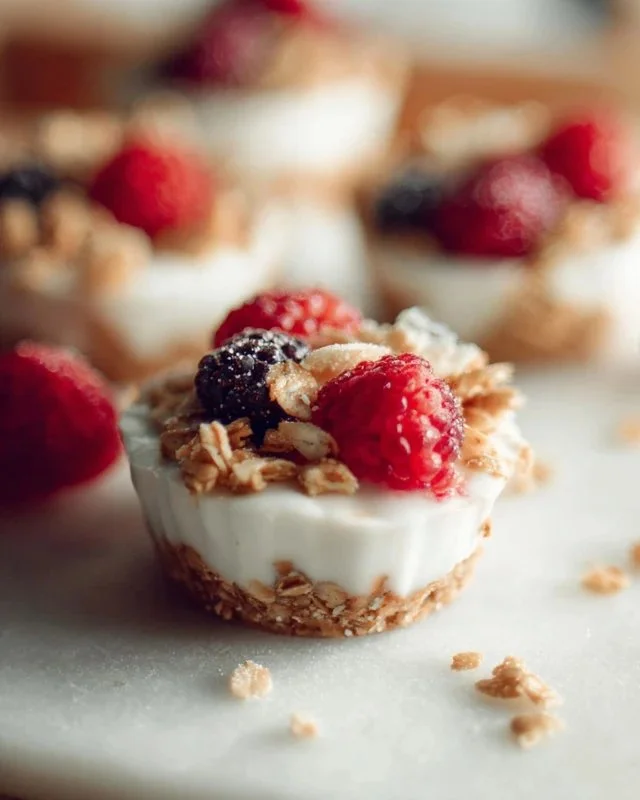 Frozen yogurt granola cups topped with fresh fruits and nuts