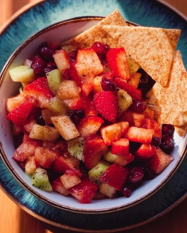 Delicious fruit salsa served with cinnamon sugar tortilla chips