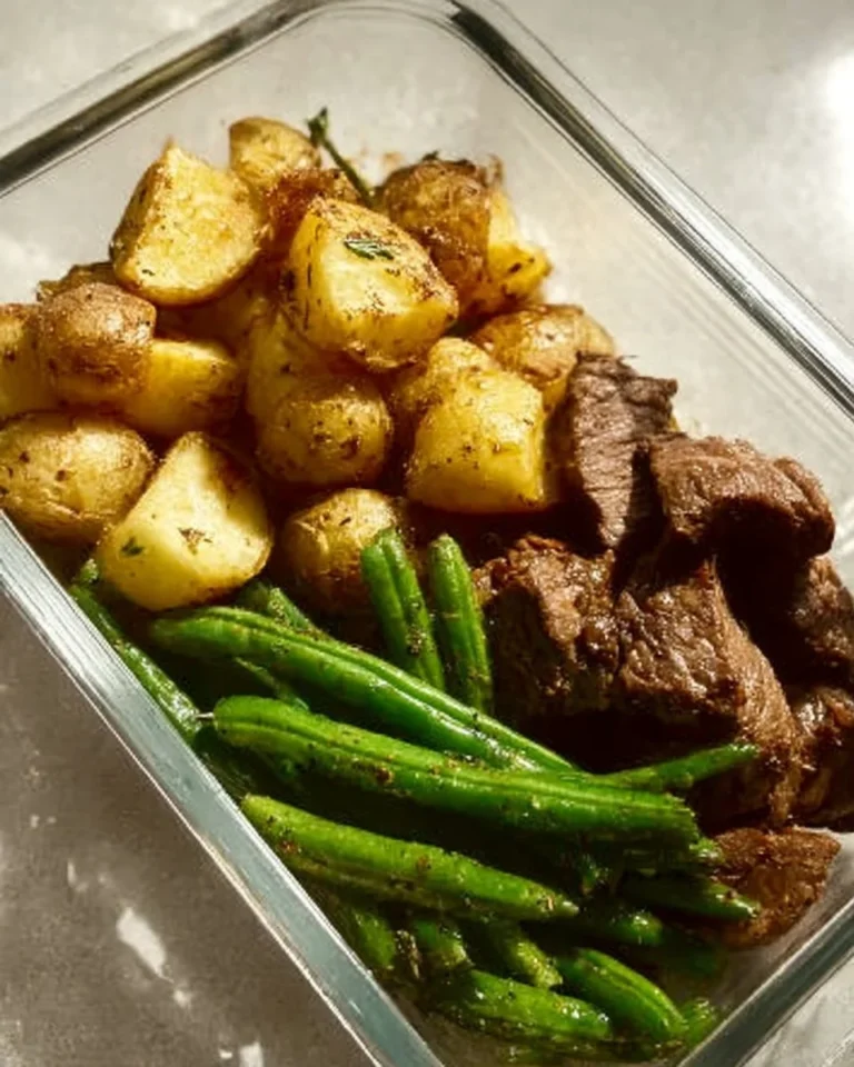 Garlic balsamic steak bites served on a plate with fresh herbs.