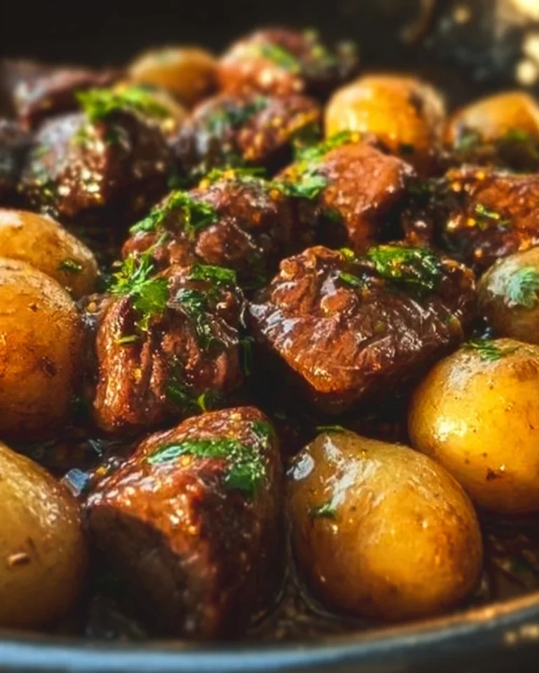 Delicious garlic butter beef bites served with savory potatoes