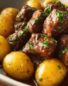 Garlic butter beef bites served with tender potatoes on a plate.