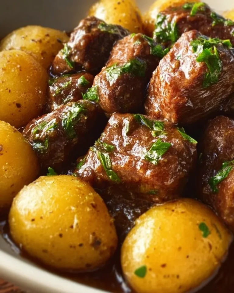 Garlic butter beef bites served with tender potatoes on a plate.