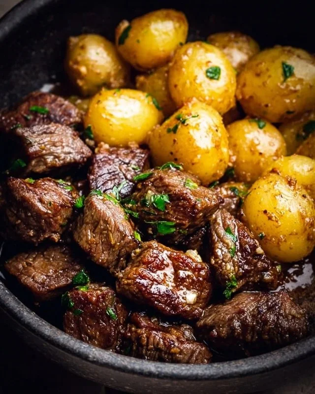 Plate of garlic butter beef bites served with roasted potatoes