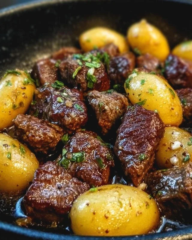 Delicious garlic butter beef bites with potatoes served on a plate