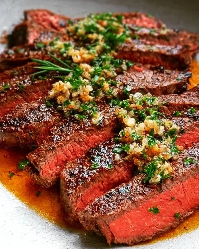 Delicious Garlic Butter Brazilian Steak garnished with herbs on a wooden board.